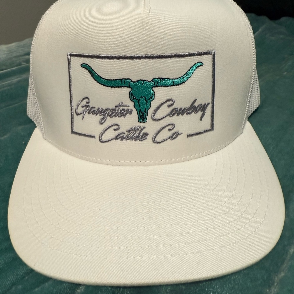 White Mesh Cap with Teal Bull Design